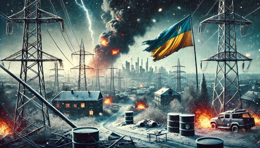 Depiction of Ukraine’s struggle during the war: a darkened cityscape with shattered power lines and distant explosions, symbolizing the devastation of energy infrastructure. A Ukrainian flag waves defiantly in the foreground, representing resilience amid destruction.