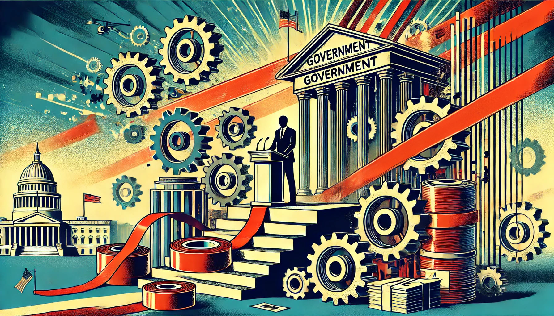 Illustration of government reform, symbolizing the dismantling of bureaucratic inefficiencies with a leader at a podium overseeing the process. The scene includes stacks of papers labeled 'red tape' being deconstructed, set against a backdrop of modern and futuristic government buildings, representing transformation and progress.