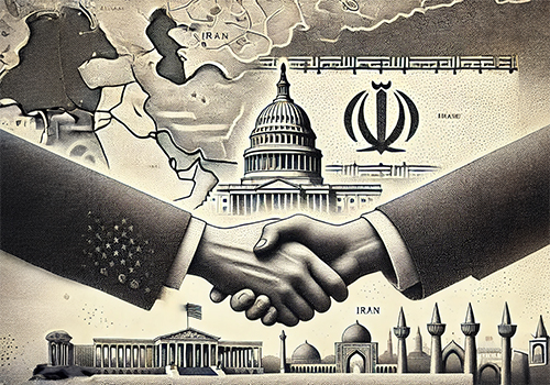 Illustration depicting a handshake symbolizing diplomacy between the United States and Iran, with a map of the Middle East, the U.S. Capitol dome, and Iranian cultural architecture in the background, emphasizing international relations.