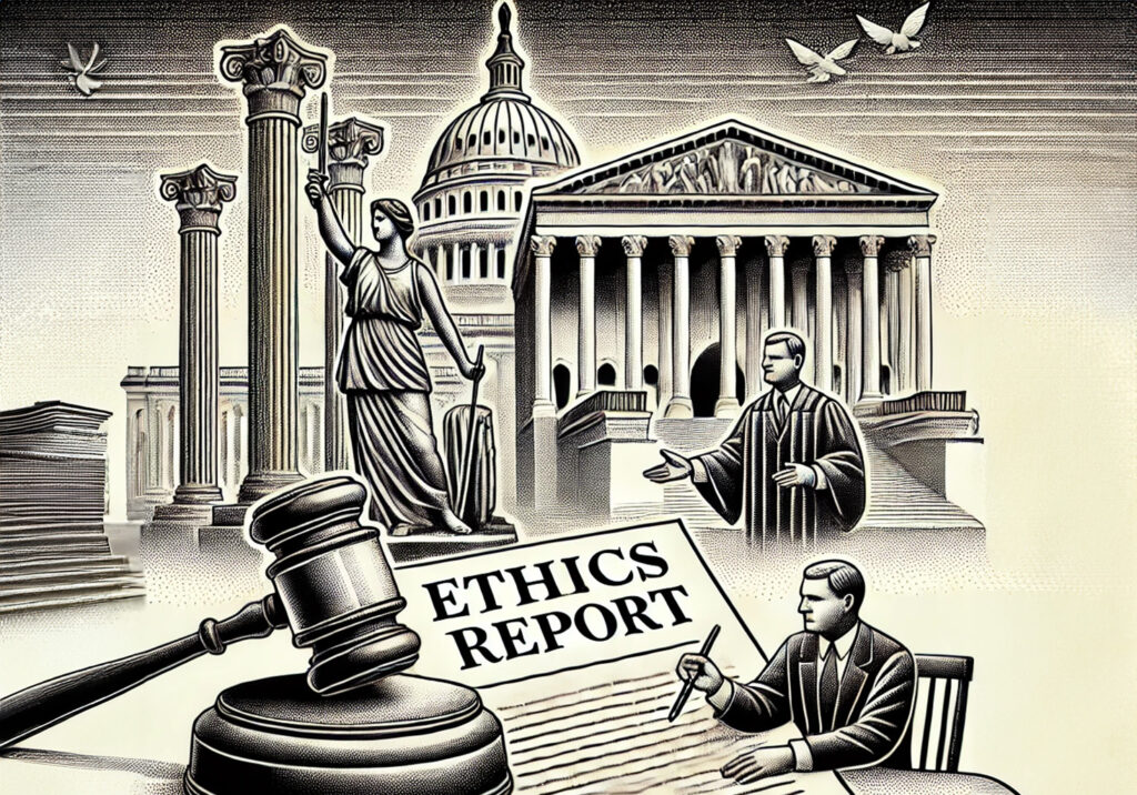 Illustration depicting the U.S. Capitol building, a gavel on a document labeled 'Ethics Report,' and two figures debating ethics and transparency in Congress, symbolizing the debate over Matt Gaetz’s ethics report.