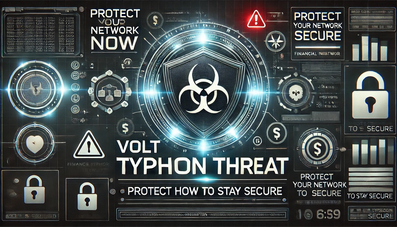 Cybersecurity-themed graphic highlighting the 'Volt Typhoon' threat, featuring a glowing shield icon with a warning symbol, financial motifs like dollar signs and digital locks, and text that reads 'Protect Your Network Now' and 'Learn How to Stay Secure' against a dark, high-tech background.